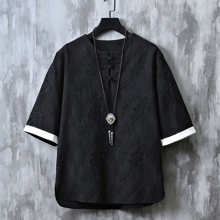 Camicia da uomo in cotone a mezza manica, con scollo a giro, in stile casual retrò, con bottoni cinesi e motivo a rana, motivo Buddha Stones