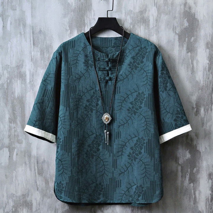 Camicia da uomo in cotone a mezza manica, con scollo a giro, in stile casual retrò, con bottoni cinesi e motivo a rana, motivo Buddha Stones