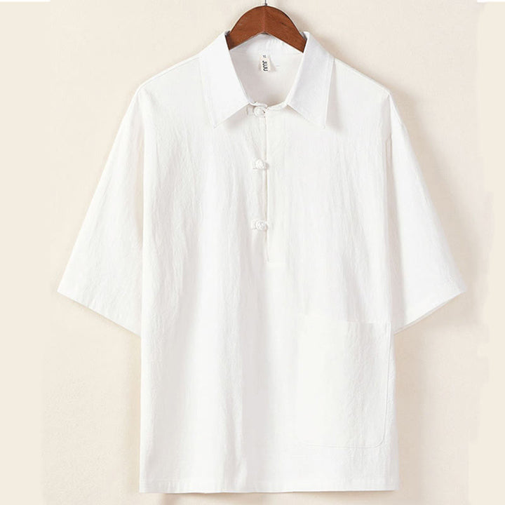 Set da meditazione da uomo in cotone e lino, con tasche, in 2 pezzi, casual, con camicia e pantaloni con coulisse, in tinta unita, con bottoni a metà bottone, Buddha Stones