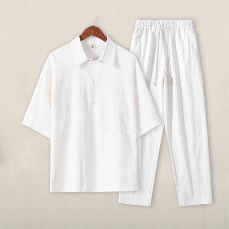 Set da meditazione da uomo in cotone e lino, con tasche, in 2 pezzi, casual, con camicia e pantaloni con coulisse, in tinta unita, con bottoni a metà bottone, Buddha Stones