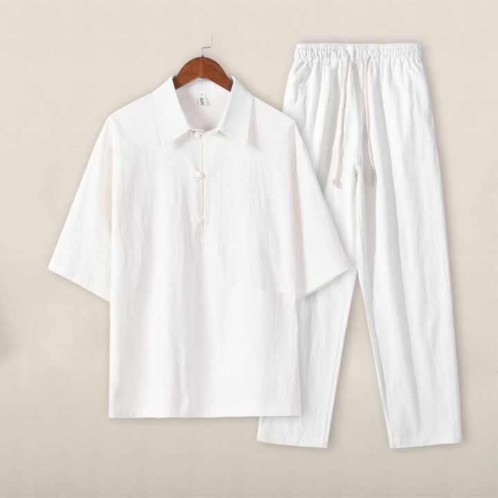 Set da meditazione da uomo in cotone e lino, con tasche, in 2 pezzi, casual, con camicia e pantaloni con coulisse, in tinta unita, con bottoni a metà bottone, Buddha Stones