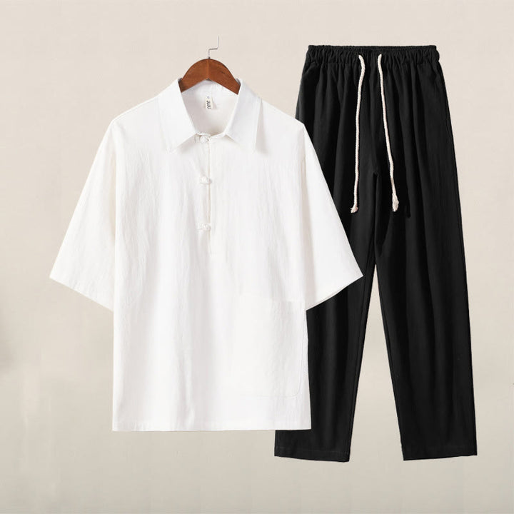 Set da meditazione da uomo in cotone e lino, con tasche, in 2 pezzi, casual, con camicia e pantaloni con coulisse, in tinta unita, con bottoni a metà bottone, Buddha Stones - Top bianco e pantaloni neri - US/UK/AU46, EU56 (5XL) - image 0