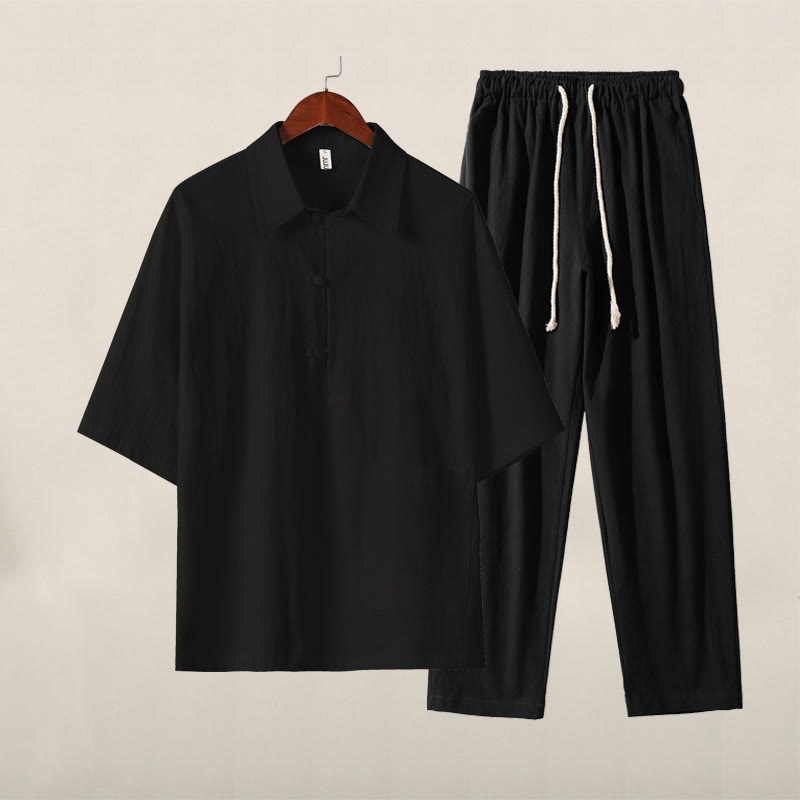 Set da meditazione da uomo in cotone e lino, con tasche, in 2 pezzi, casual, con camicia e pantaloni con coulisse, in tinta unita, con bottoni a metà bottone, Buddha Stones