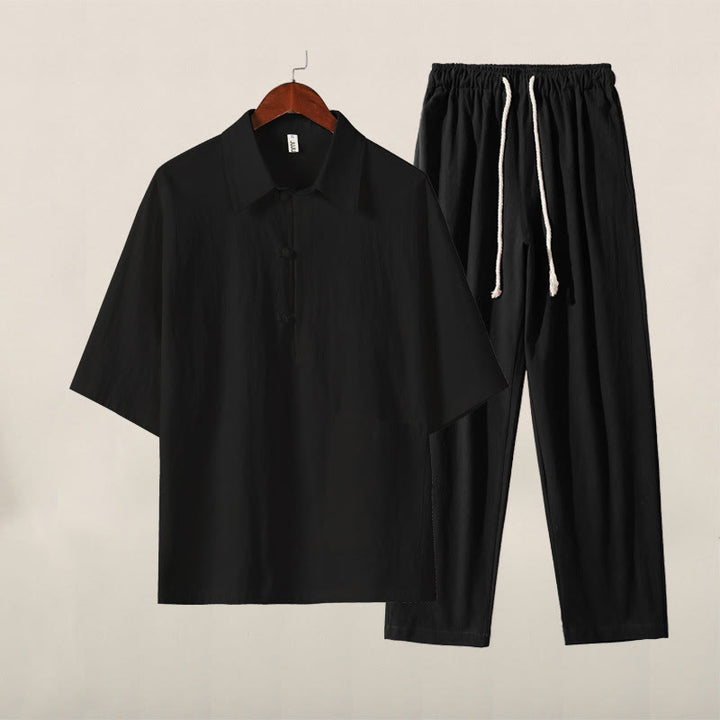 Set da meditazione da uomo in cotone e lino, con tasche, in 2 pezzi, casual, con camicia e pantaloni con coulisse, in tinta unita, con bottoni a metà bottone, Buddha Stones - Top nero Pantaloni neri - US/UK/AU46, EU56 (5XL) - image 12