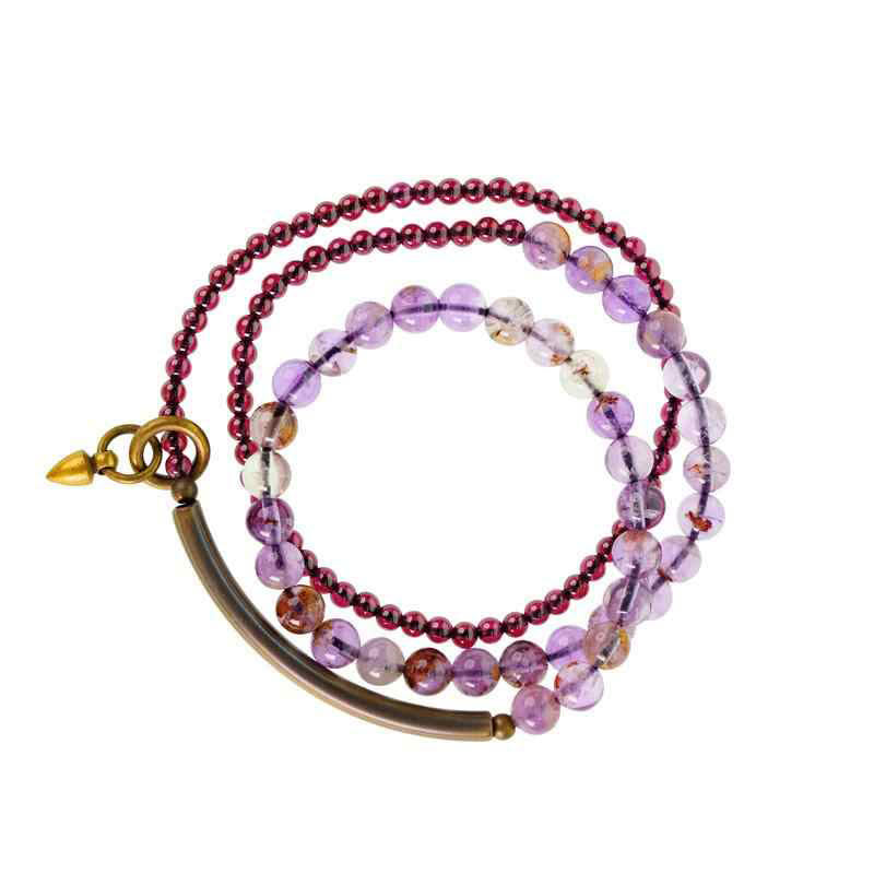 Bracciale multistrato Buddha Stones Retro in ametista da 6 mm e granato da 4 mm