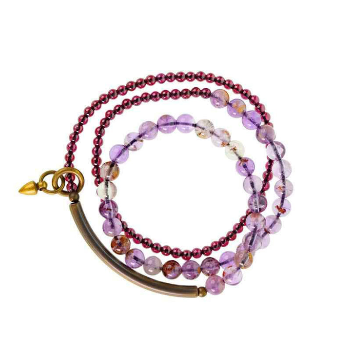 Bracciale multistrato Buddha Stones Retro in ametista da 6 mm e granato da 4 mm