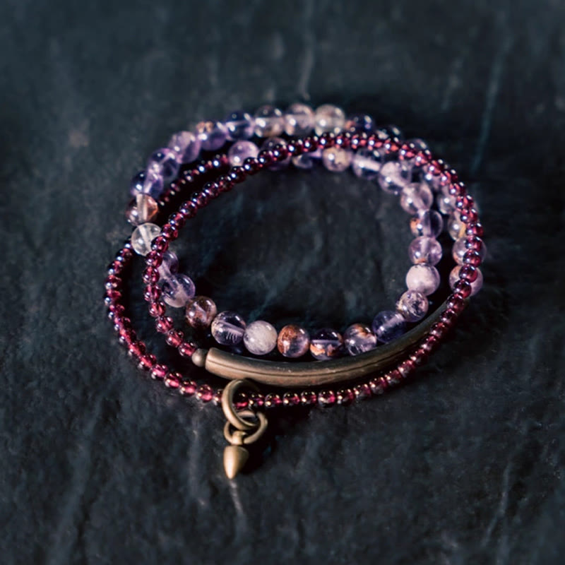 Bracciale multistrato Buddha Stones Retro in ametista da 6 mm e granato da 4 mm