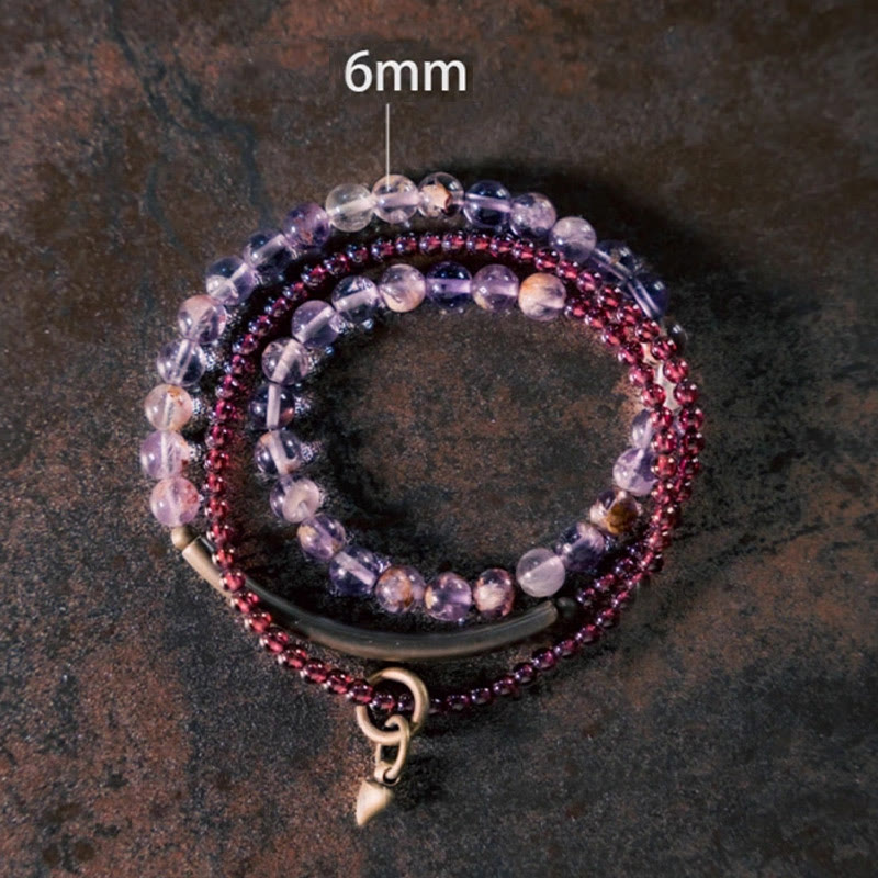 Bracciale multistrato Buddha Stones Retro in ametista da 6 mm e granato da 4 mm