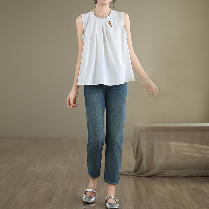 Canotta da donna in cotone e lino, senza maniche, con scollo all'americana, tinta unita , Buddha Stones, estate - image 16