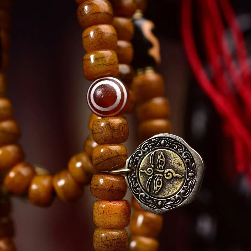 Buddha Stones Tibetano 108 Perle Osso di Cammello Fortuna Nappa Mala