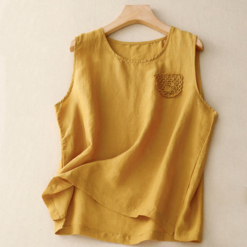 Gilet da donna in cotone e lino, senza maniche, con scollo rotondo, motivo patchwork con ricami a colori puri, motivo Buddha Stones - Oro - US12, UK/AU16, EU44 (3XL) - image 0