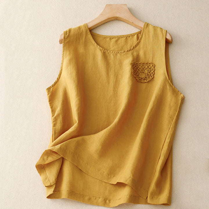 Gilet da donna in cotone e lino, senza maniche, con scollo rotondo, motivo patchwork con ricami a colori puri, motivo Buddha Stones - Oro - US12, UK/AU16, EU44 (3XL) - image 0