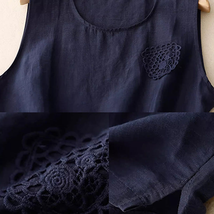 Gilet da donna in cotone e lino, senza maniche, con scollo rotondo, motivo patchwork con ricami a colori puri, motivo Buddha Stones - image 10