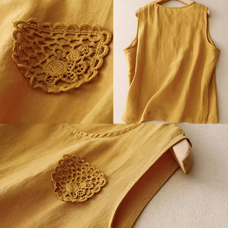 Gilet da donna in cotone e lino, senza maniche, con scollo rotondo, motivo patchwork con ricami a colori puri, motivo Buddha Stones - image 6