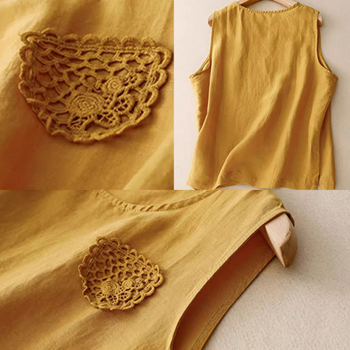 Gilet da donna in cotone e lino, senza maniche, con scollo rotondo, motivo patchwork con ricami a colori puri, motivo Buddha Stones - image 6