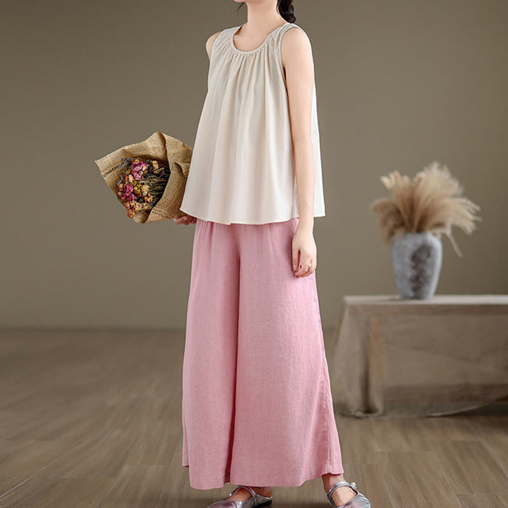 Canotta da donna in cotone e lino con scollo a giro, motivo artistico estivo, tinta unita, motivo Buddha Stones - image 20