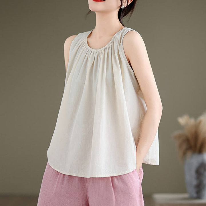 Canotta da donna in cotone e lino con scollo a giro, motivo artistico estivo, tinta unita, motivo Buddha Stones - image 16