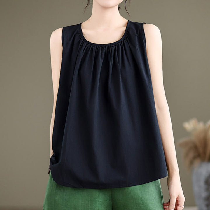 Canotta da donna in cotone e lino con scollo a giro, motivo artistico estivo, tinta unita, motivo Buddha Stones - image 11