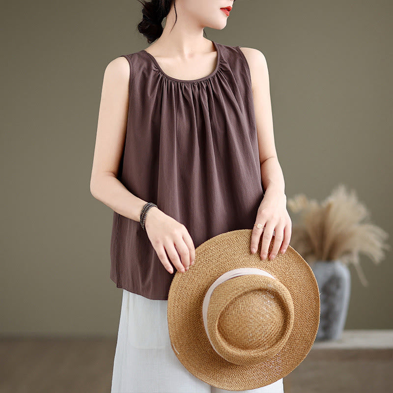 Canotta da donna in cotone e lino con scollo a giro, motivo artistico estivo, tinta unita, motivo Buddha Stones - Marrone sella - US12, UK/AU16, EU44 (2XL) - image 0
