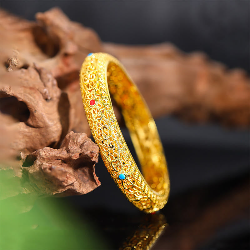 Braccialetto portafortuna con motivo a vite e fiori in rame placcato oro Buddha Stones, 2,44 pollici (62 mm)
