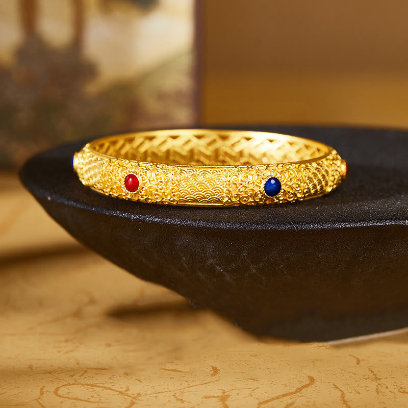 Bracciale rigido di protezione Buddha Stones in argento sterling 925 con nuvole di buon auspicio dorate, design cavo, 56 mm - 56 millimetri - image 0