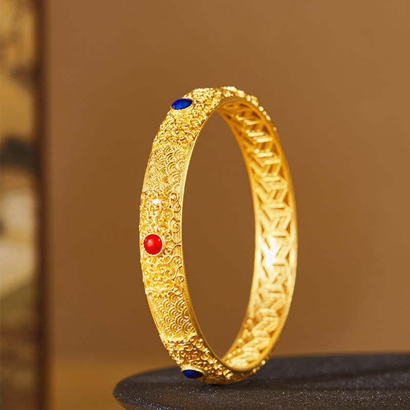 Bracciale rigido di protezione Buddha Stones in argento sterling 925 con nuvole di buon auspicio dorate, design cavo, 56 mm - image 1