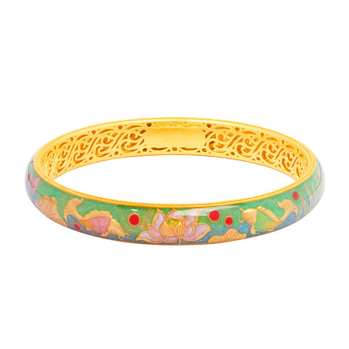 Bracciale Buddha Stones in argento sterling 999 con motivo a pesce koi e loto cavo, 58 mm.