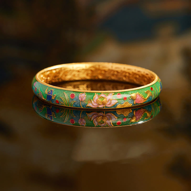 Bracciale Buddha Stones in argento sterling 999 con motivo a pesce koi e loto cavo, 58 mm. - 58 millimetri - image 0