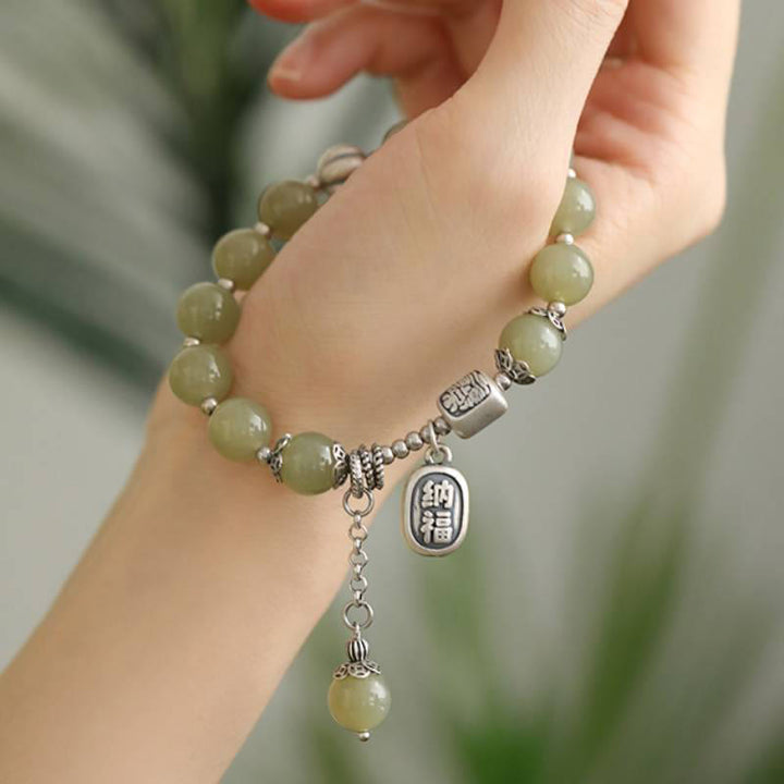 Bracciale della fortuna con perle di giada Hetian in argento sterling 925 Buddha Stones
