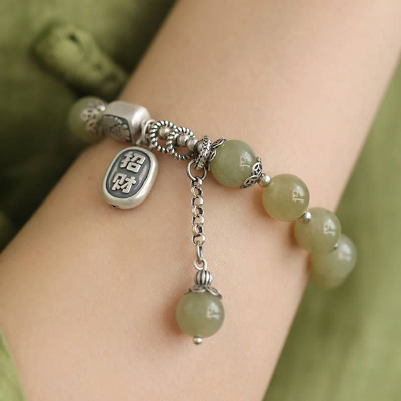 Bracciale della fortuna con perle di giada Hetian in argento sterling 925 Buddha Stones