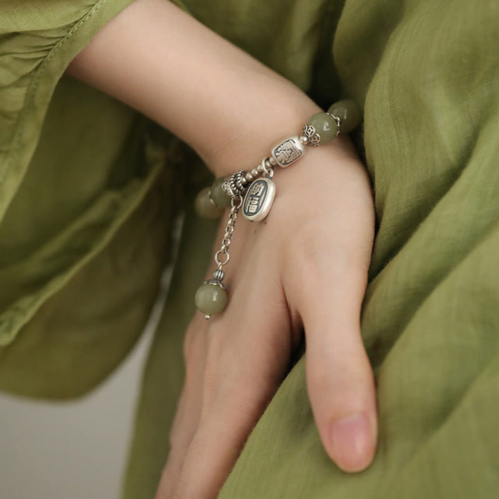 Bracciale della fortuna con perle di giada Hetian in argento sterling 925 Buddha Stones