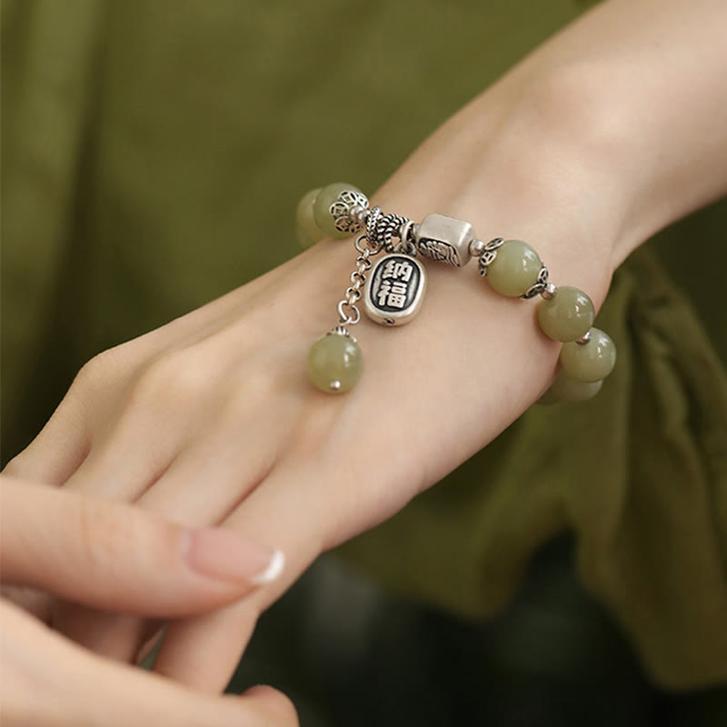 Bracciale della fortuna con perle di giada Hetian in argento sterling 925 Buddha Stones