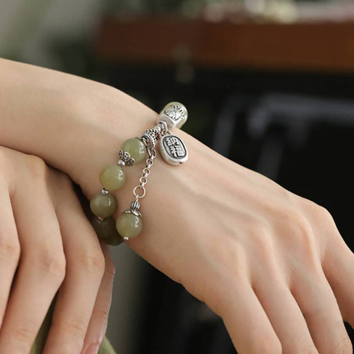 Bracciale della fortuna con perle di giada Hetian in argento sterling 925 Buddha Stones