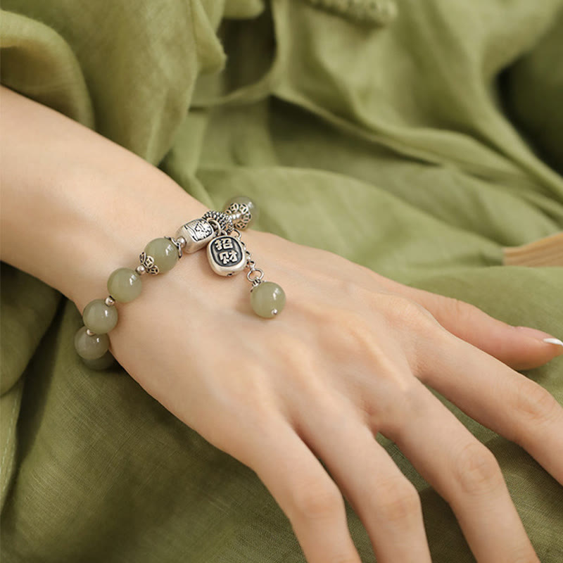 Bracciale della fortuna con perle di giada Hetian in argento sterling 925 Buddha Stones