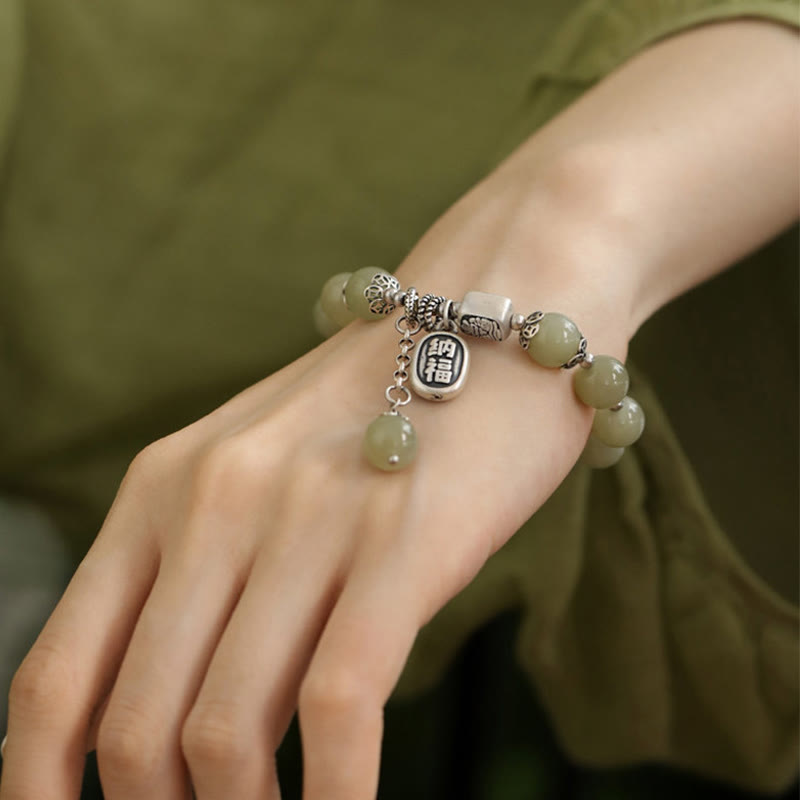 Bracciale della fortuna con perle di giada Hetian in argento sterling 925 Buddha Stones