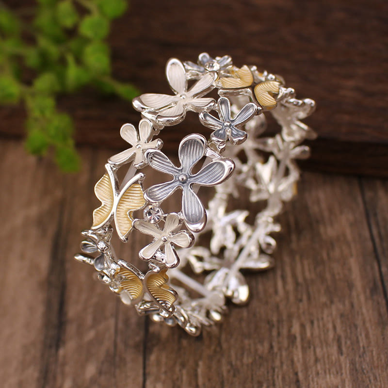 Bracciale elastico in lega con Buddha Stones, farfalle colorate e fiori