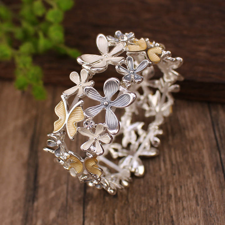Bracciale elastico in lega con Buddha Stones, farfalle colorate e fiori