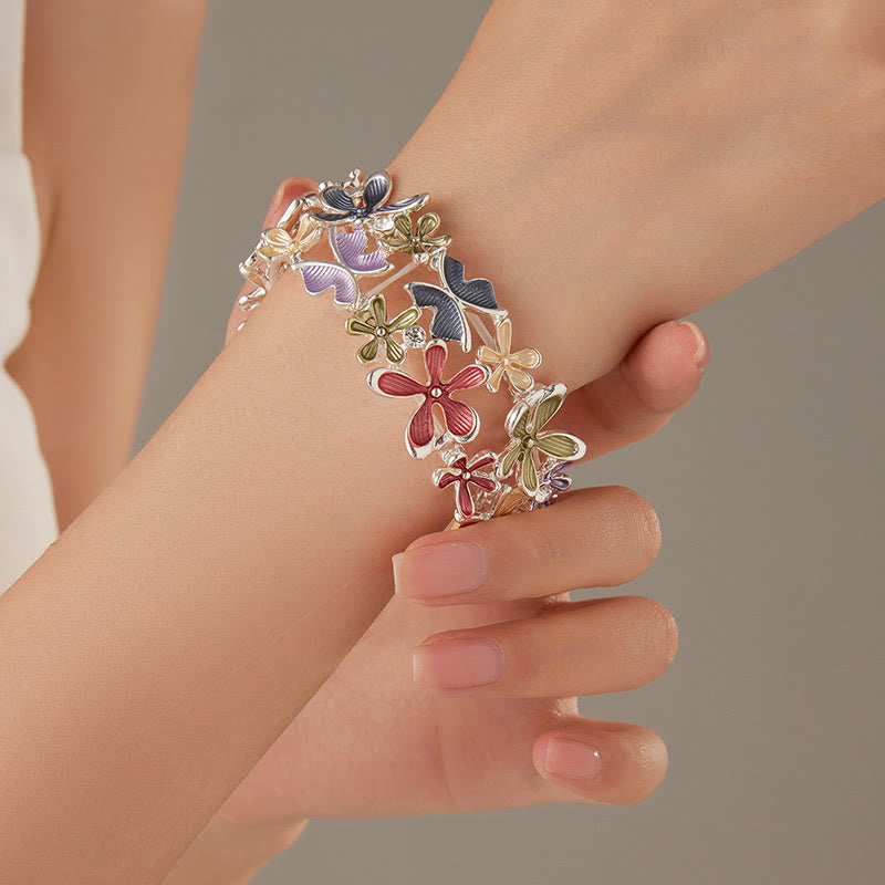 Bracciale elastico in lega con Buddha Stones, farfalle colorate e fiori