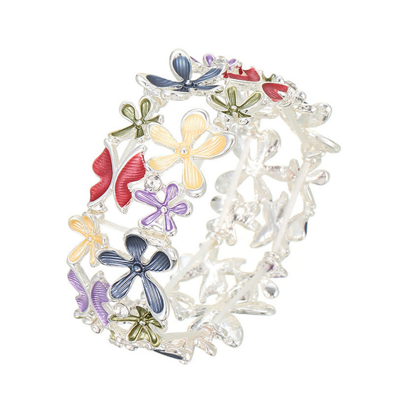 Bracciale elastico in lega con Buddha Stones, farfalle colorate e fiori