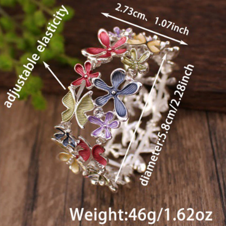 Bracciale elastico in lega con Buddha Stones, farfalle colorate e fiori