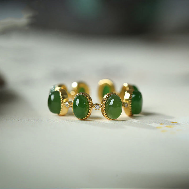Anello regolabile con perle di giada ciano Hetian in argento sterling 925 Buddha Stones