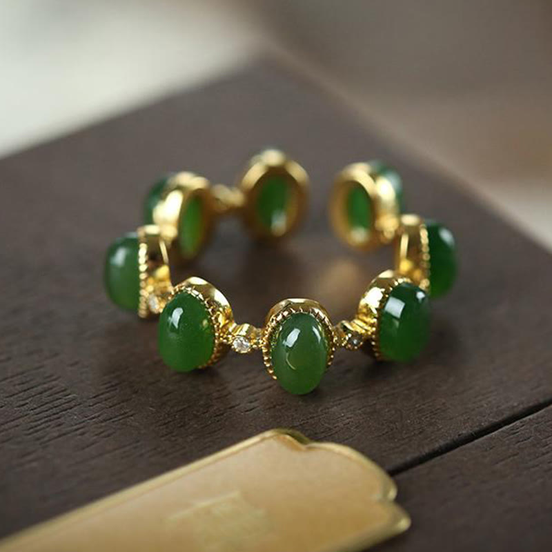 Anello regolabile con perle di giada ciano Hetian in argento sterling 925 Buddha Stones - image 3