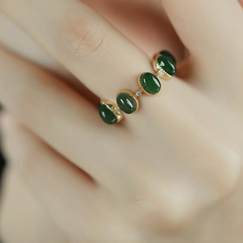 Anello regolabile con perle di giada ciano Hetian in argento sterling 925 Buddha Stones