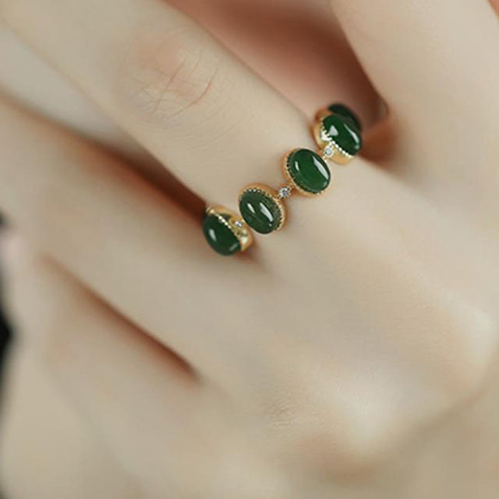Anello regolabile con perle di giada ciano Hetian in argento sterling 925 Buddha Stones