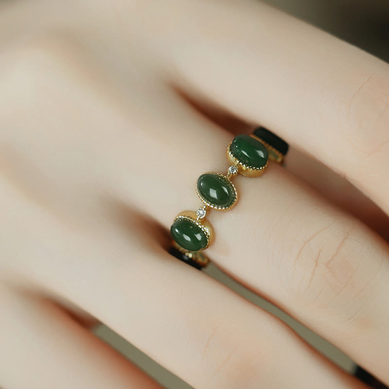 Anello regolabile con perle di giada ciano Hetian in argento sterling 925 Buddha Stones - image 4