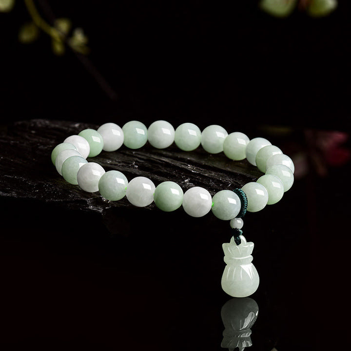 Braccialetto portafortuna con ciondolo a forma di sacco di soldi in giada naturale Buddha Stones