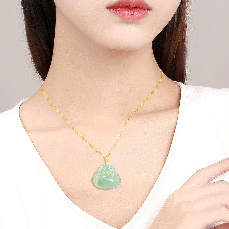 Collana con ciondolo in acciaio al titanio e catena in giada naturale Buddha Stones che ride, fortuna e prosperità - image 10