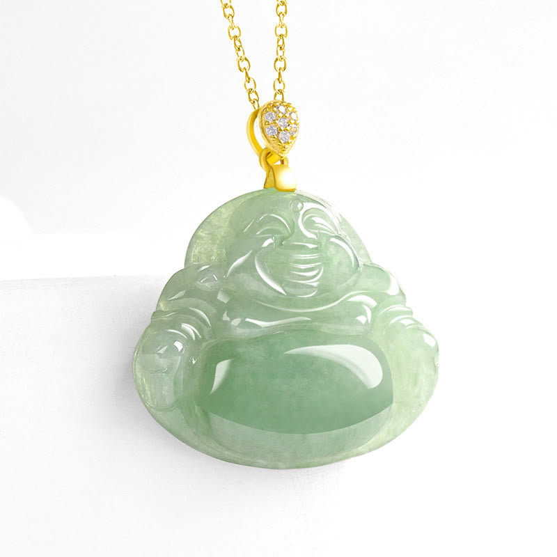 Collana con ciondolo a Buddha Stones con ciondolo a forma di Buddha sorridente in argento sterling 925, giada naturale, portafortuna e prosperità - image 3
