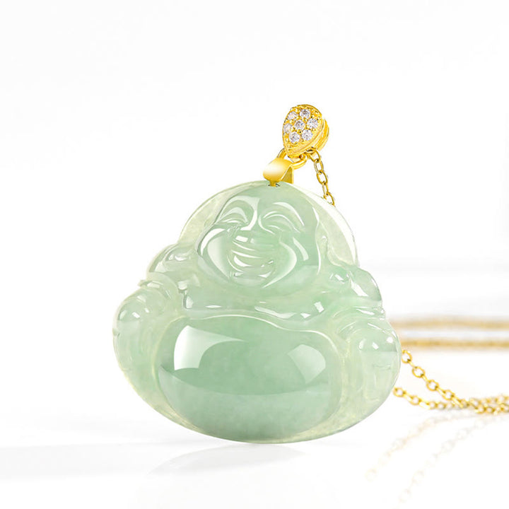 Collana con ciondolo a Buddha Stones con ciondolo a forma di Buddha sorridente in argento sterling 925, giada naturale, portafortuna e prosperità - image 4