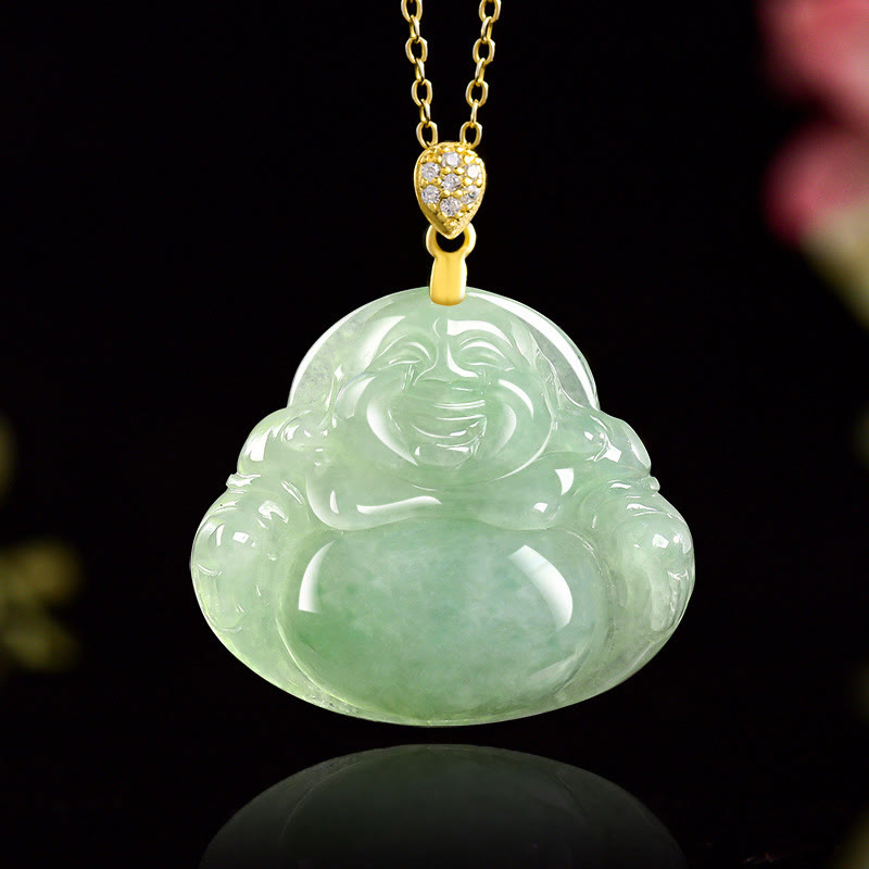 Collana con ciondolo in acciaio al titanio e catena in giada naturale Buddha Stones che ride, fortuna e prosperità - Giada (Prosperità♥Abbondanza) - image 0